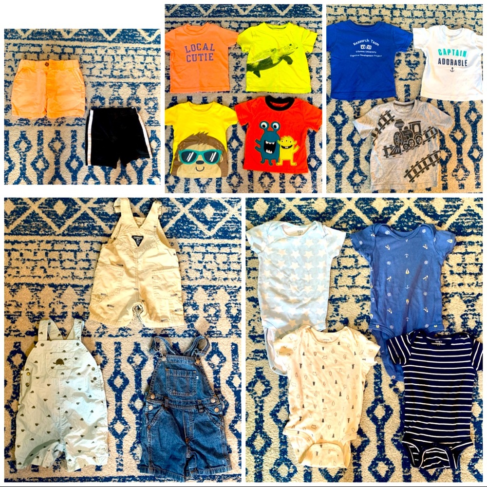 16-Piece 12M Summer Lot (Short Overalls, Tees, Shorts, Onesies)